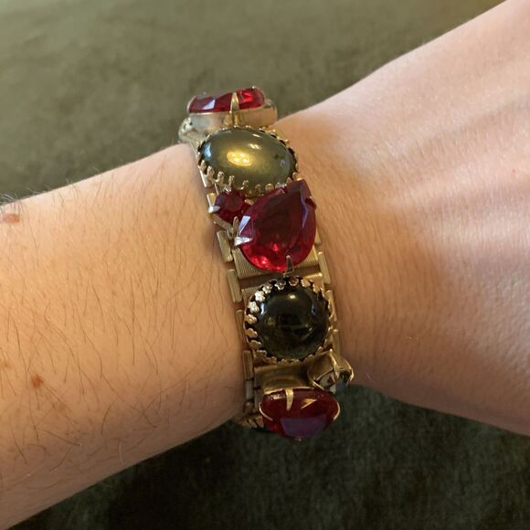 VTG Ruby Red & Smoky Gray Glass Cabochon Link Bracelet Gold Tone Art Deco Style - Picture 12 of 15